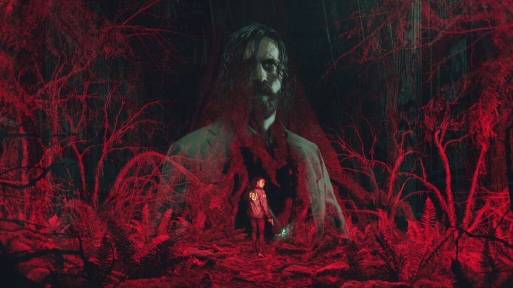 Saga marchant dans une forêt avec l'ombre d'Alan dans Alan Wake 2