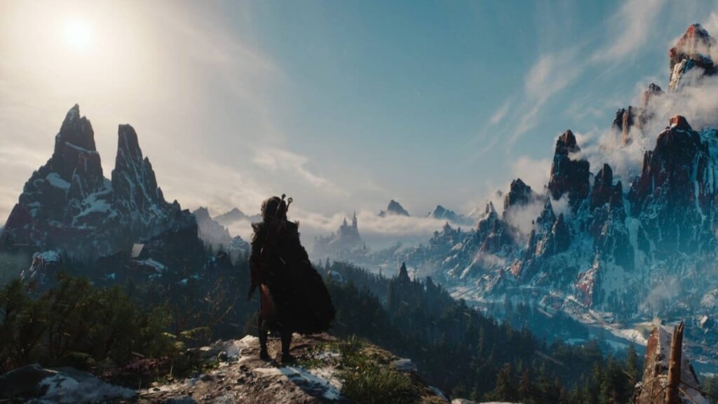 Ciri devant un paysagé enneigé face à une montagne dans The Witcher 4
