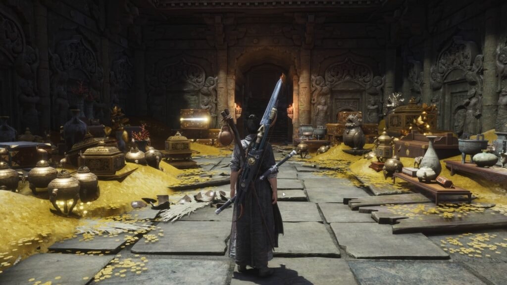 Un joueur dans une salle au trésor dans Where Winds Meet