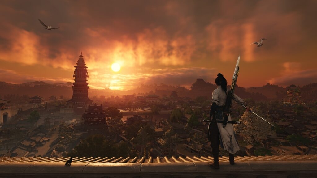 Un joueur devant une ville lors d'un coucher de soleil dans Where Winds Meet