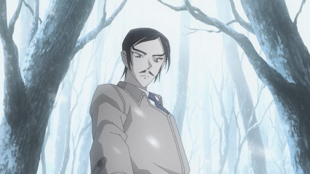 Un policier dans une forêt enneigée dans Detective Conan : La Mémoire Retrouvée