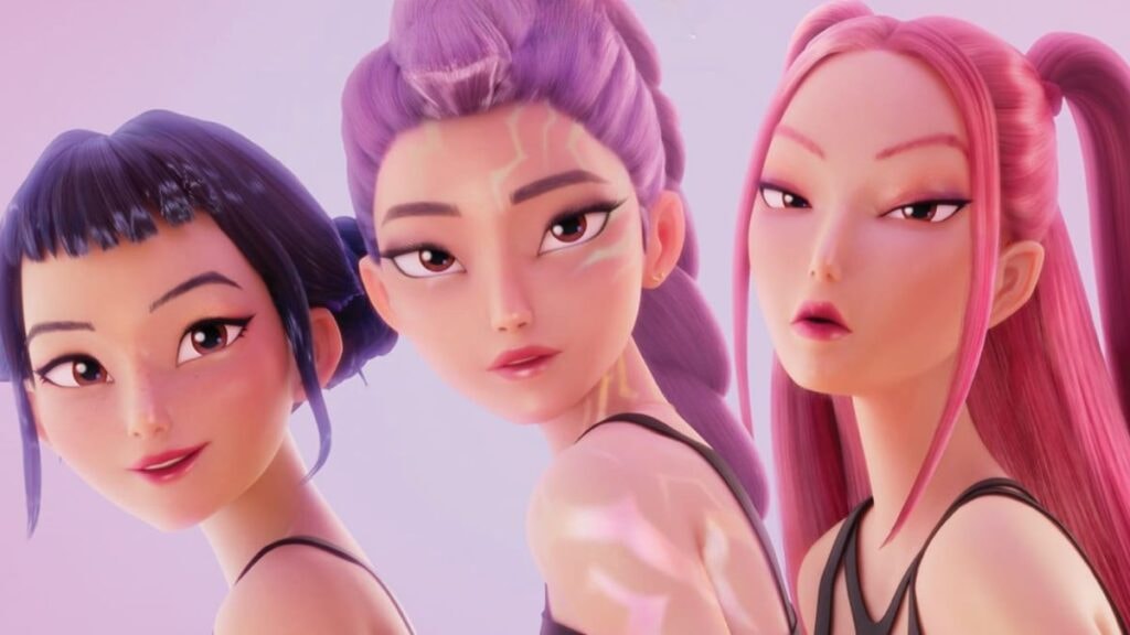 Image des Huntrix (Zoey, Rumi et Mira) dans Kpop Demon Hunters