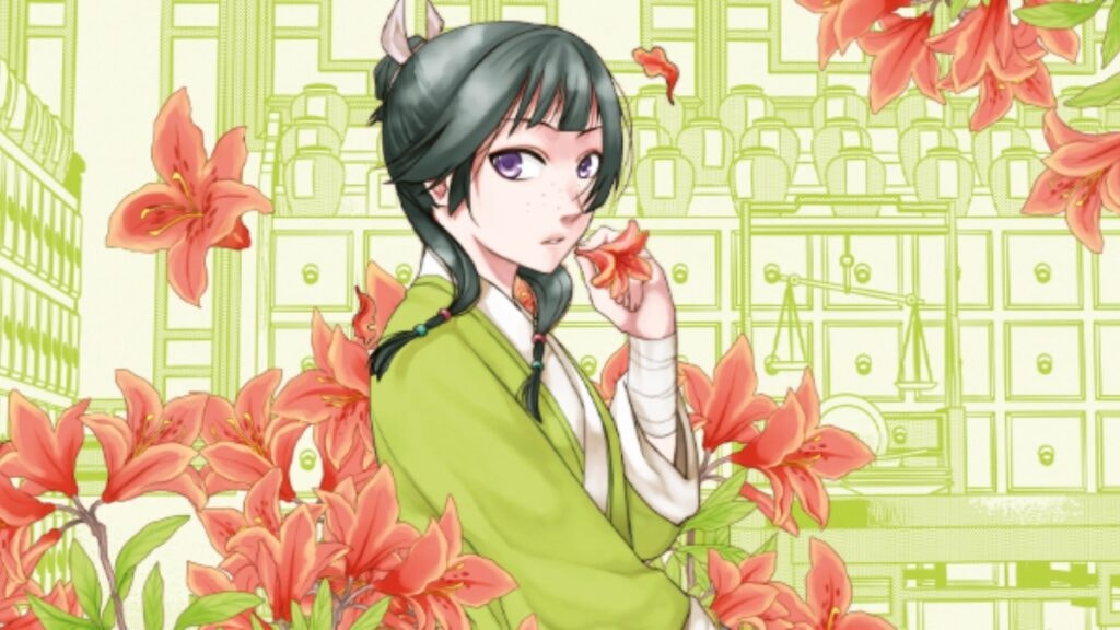 Mao Mao entourée de fleurs sur la couverture du tome 1 du manga Les Carnets de l'Apothicaire - Enquêtes à la Cour