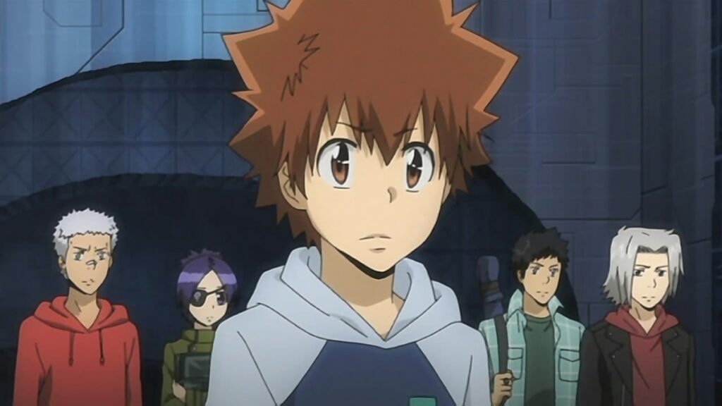 Tsuna aux côtés des membres de la nouvelle génération des Vongola dans Reborn!