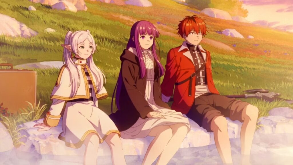 Frieren, Fern et Stark, souriant les pieds dans une rivière