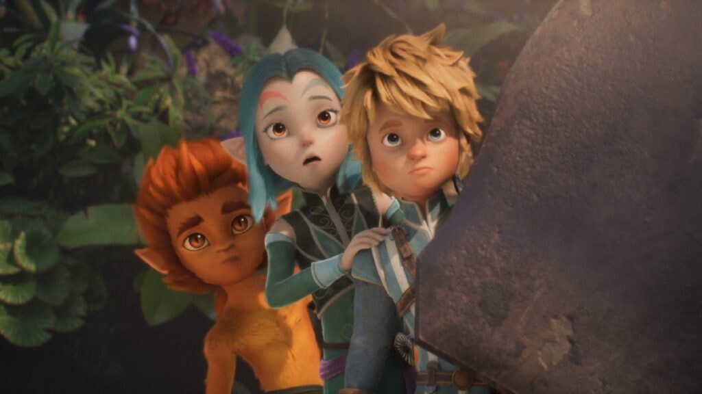 Gryf, Shimy et Danael se cachant derrière une rocher dans Les Légendaires