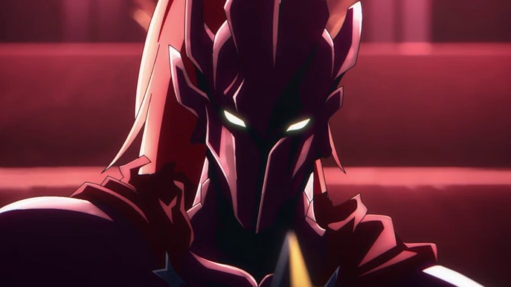 Igris, portant son armure pourpre dans une salle de trône dans Solo Leveling