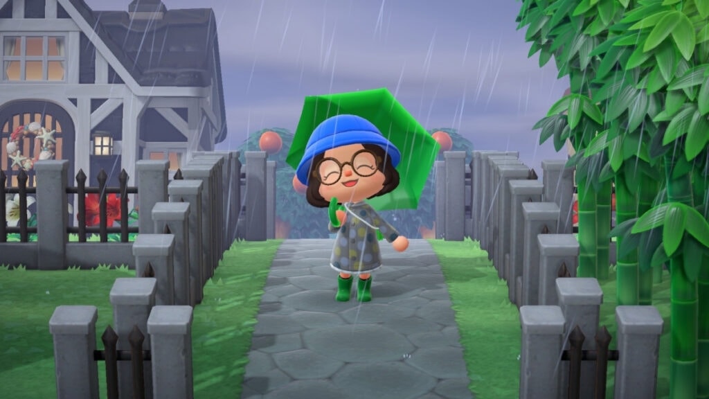 Un joueur s'amusant sous la pluie dans Animal Crossing : New Horizons