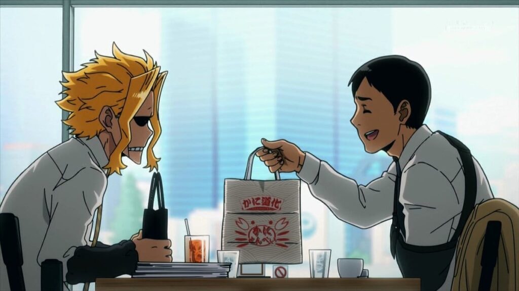 Naomasa et All Might s'échangeant des cadeaux dans My Hero Academia Vigilantes