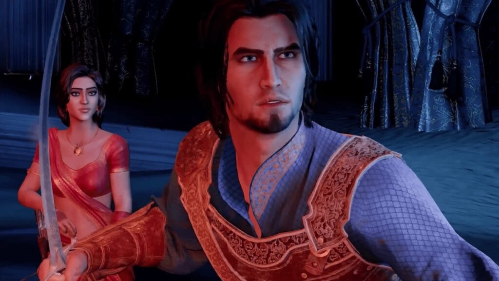 Le prince défendant la princesse avec son épée dans Prince of Persia : Les Sables du Temps Remake