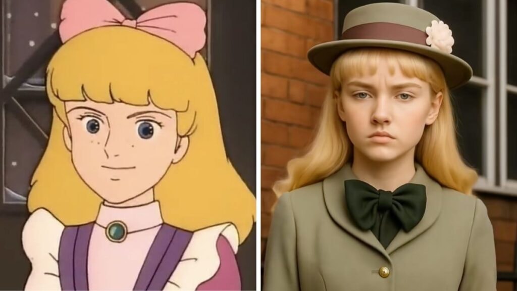 Lavinia de Princesse Sarah dans le dessin animé VS en humain IA