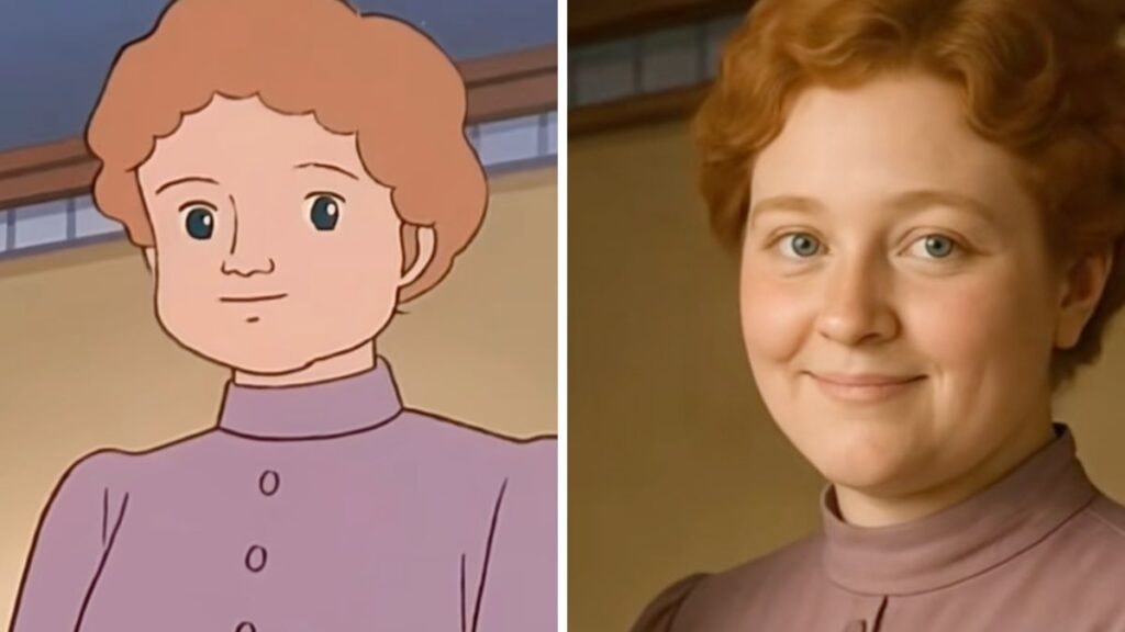 Mademoiselle Amelia de Princesse Sarah dans le dessin animé VS en humain IA