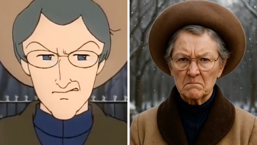 Mademoiselle Mangin de Princesse Sarah dans le dessin animé VS en humain IA