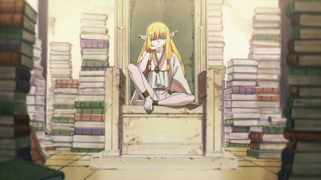 Serie souriant dans sa bibliothèque dans l'anime Frieren