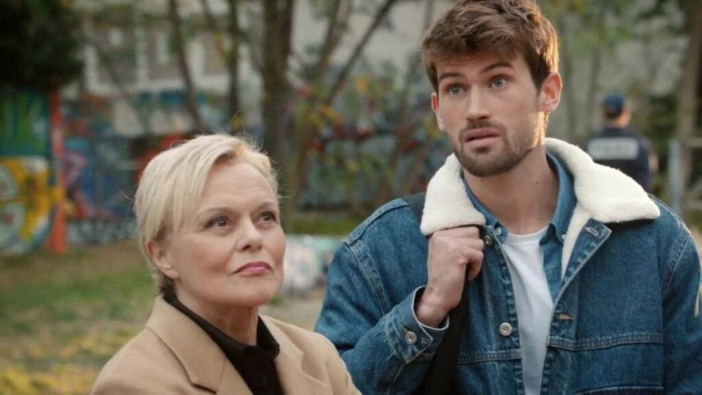 Louise Arbus (Muriel Robin) et Samuel Cythere (Victor Meutelet) dans la série Master Crimes sur TF1.