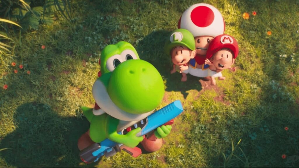 Yoshi et Toad effrayés pendant que Toad porte Baby Luigi et Mario dans Super Mario Galaxy, le film