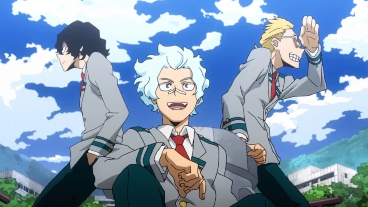 Eraser Head, Oboro et Present Mic dans leur uniforme de Yuei dans My Hero Academia Vigilantes